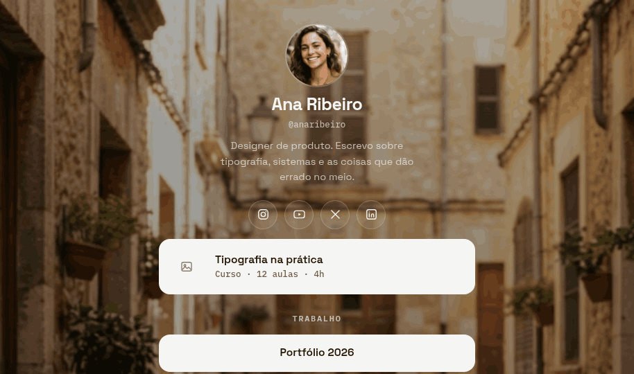 Public page at zlin.io/ana with photo, bio, socials and link blocks